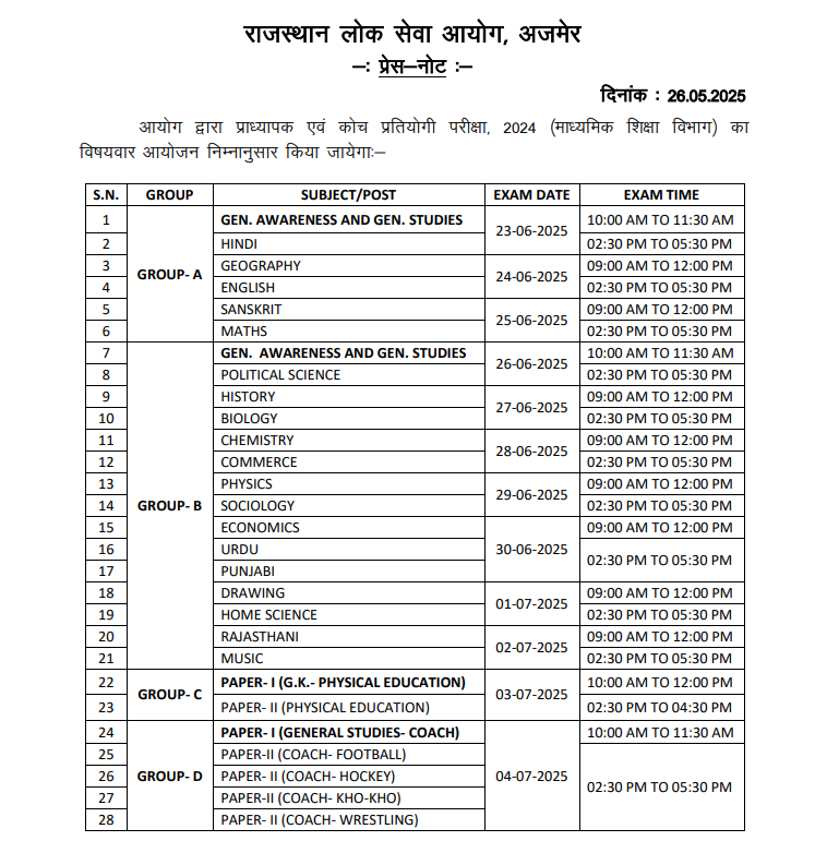 RPSC 1st Grade Exam Date 2025 Out